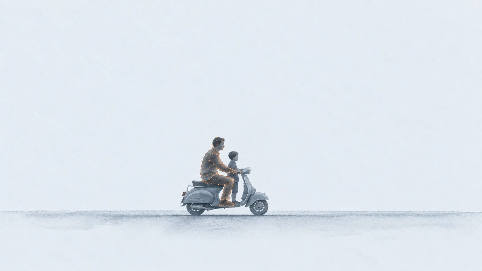Illustration: a father riding a scooter with his young son seated behind him