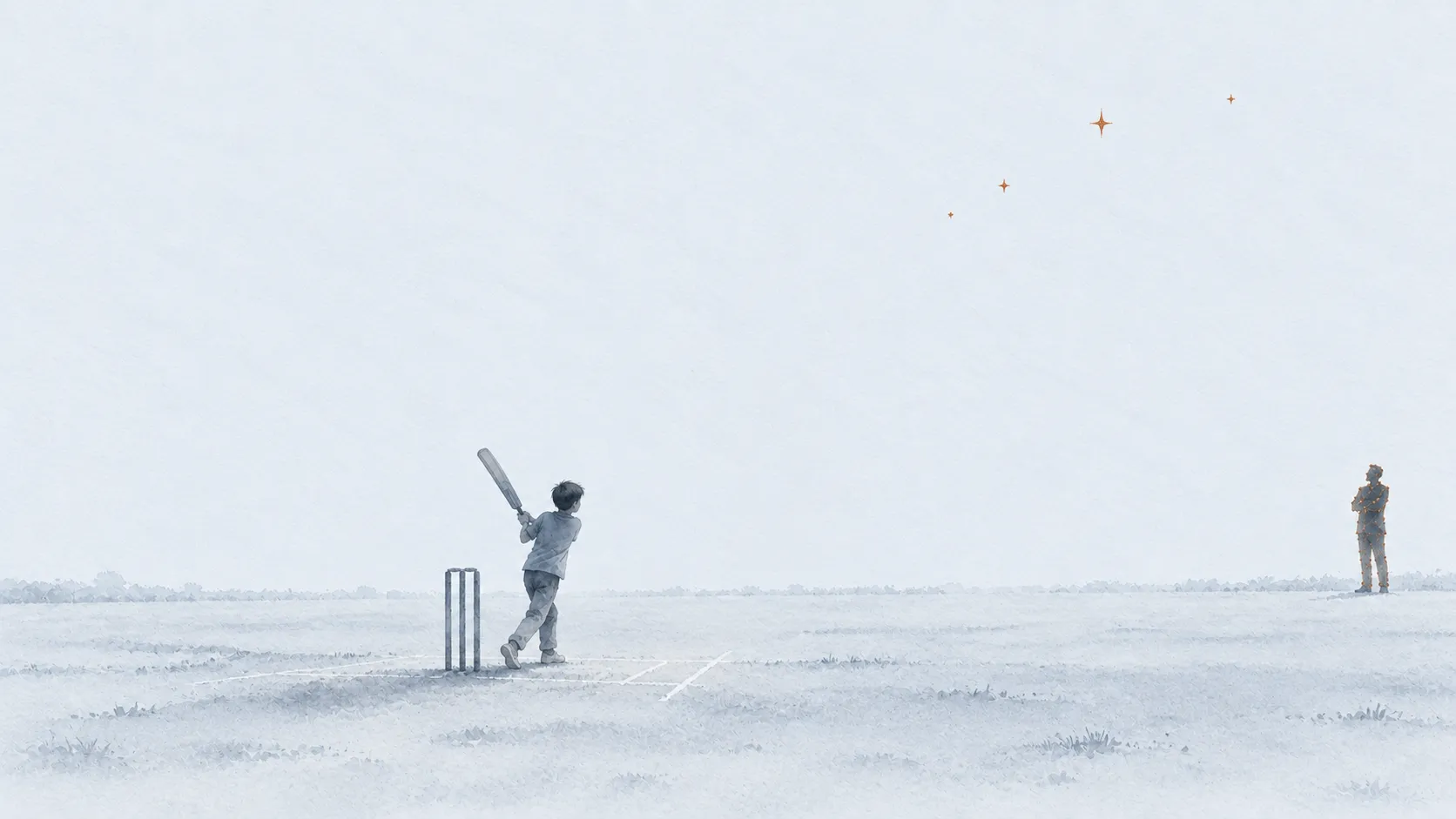 Illustration: a boy batting at the crease while his father watches from a distance