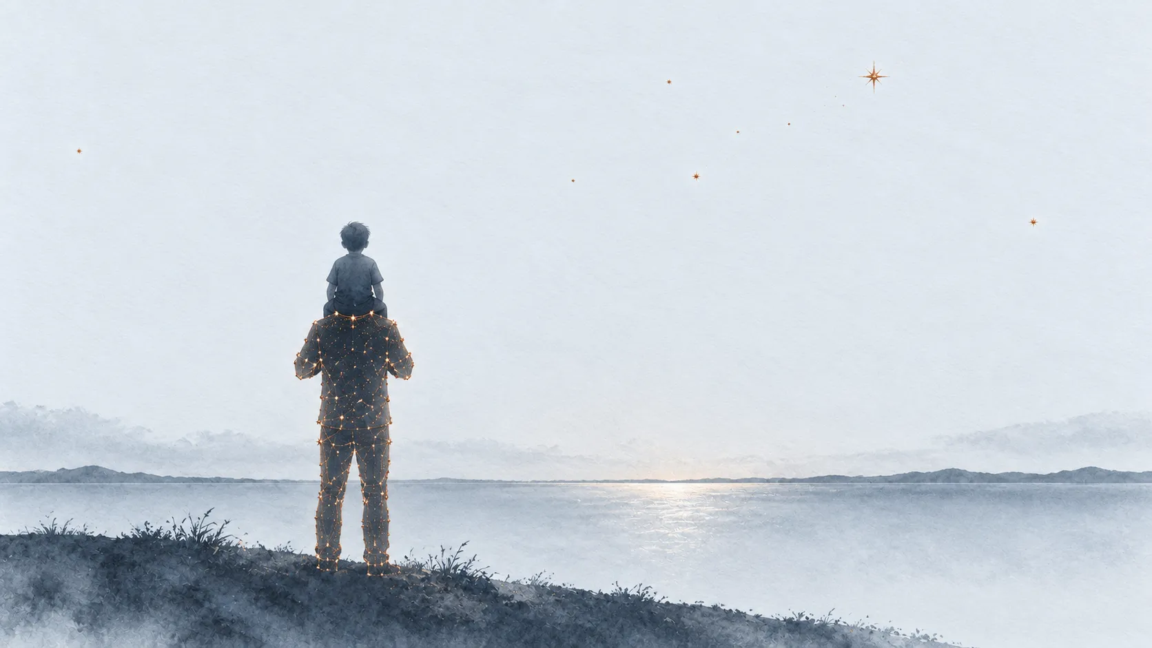 Illustration: a father carrying his son on his shoulders, looking out over the sea at dusk
