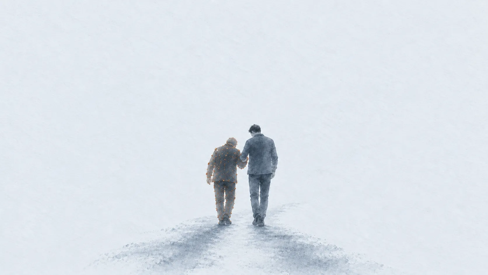 Illustration: a grown son walking slowly beside his ageing father