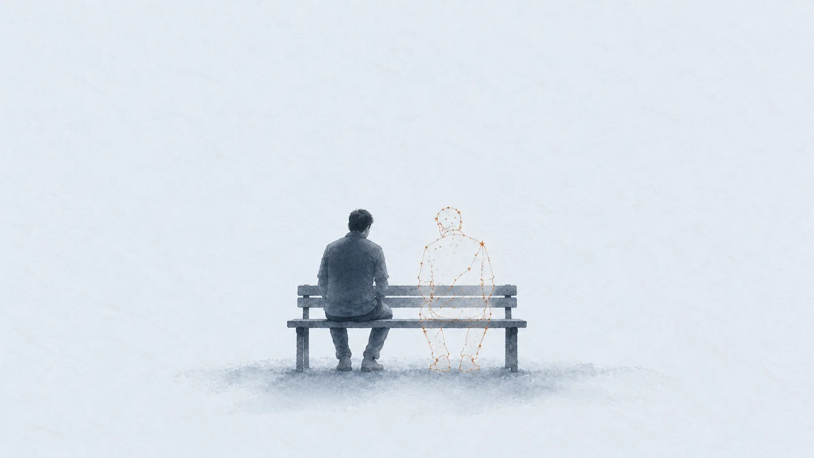 Illustration: a man sitting on a bench beside the faint, glowing outline of his father